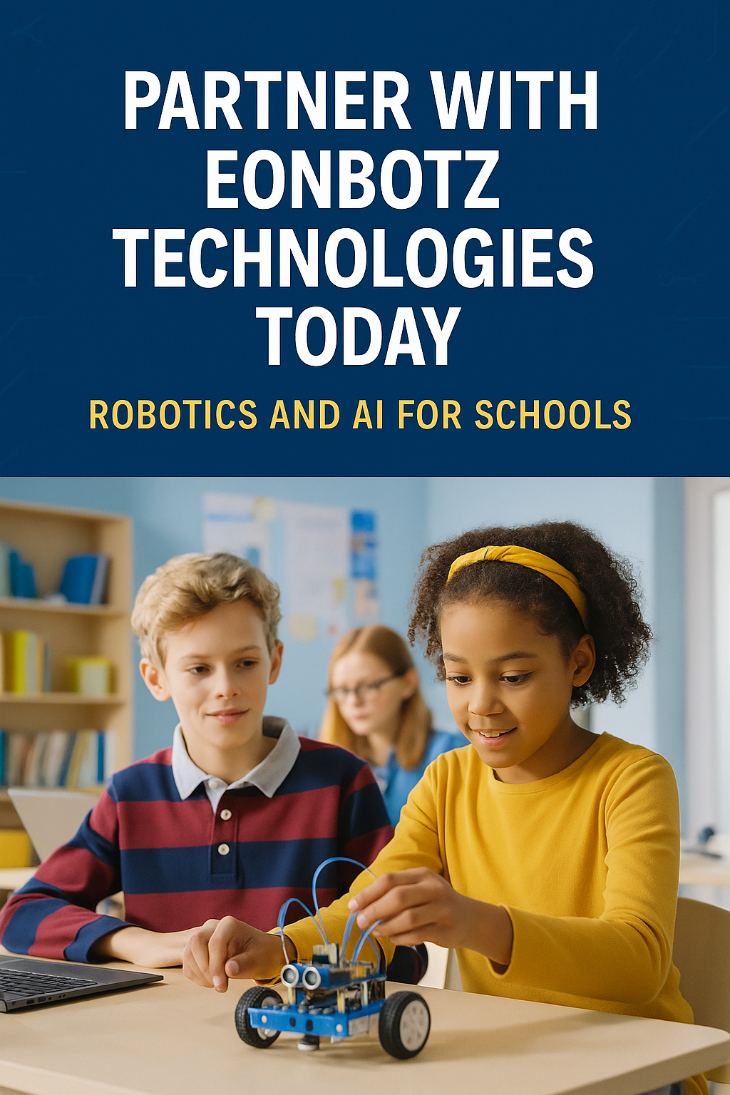 Students collaborating in a classroom setting with robotics kits and laptops, promoting EonBotz Technologies’ partnership program for integrating robotics and AI in schools.